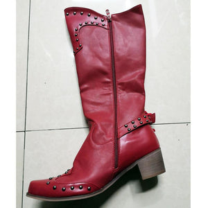 Women's rivets tassels knee high boots vintage studded fringe boots