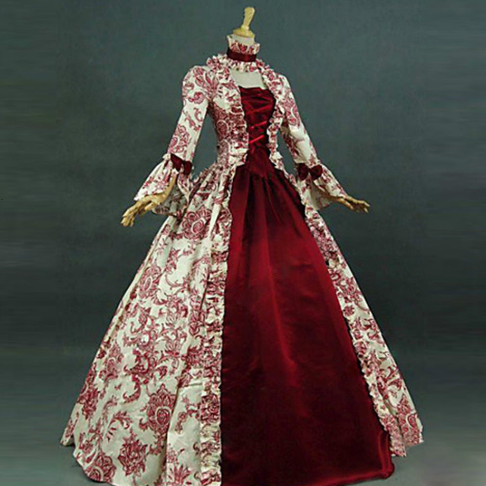 Red floral print square neck medieval court dress | Vintage trumpet sleeves large swing dress evening gowns