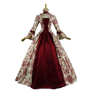 Red floral print square neck medieval court dress | Vintage trumpet sleeves large swing dress evening gowns