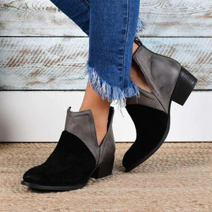 Women Retro Ankle Round Toe Hollow Out Chunky Stacked Heel Booties