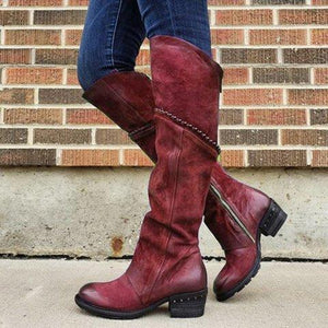 Women's over the knee western boots chunky low heel zipper retro boots