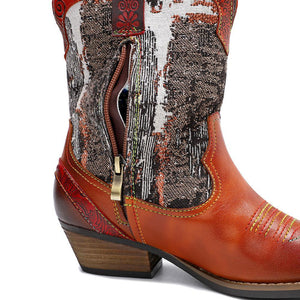 Women embroidered flower fringe short chunky heel cowboy boots