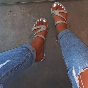 Silver slide sandals shiny rhinestone sandals for women