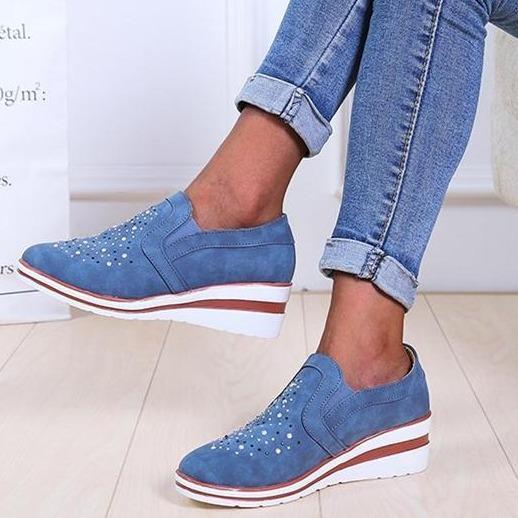 Women rhinestone breathalbe slip on wedge sneakers