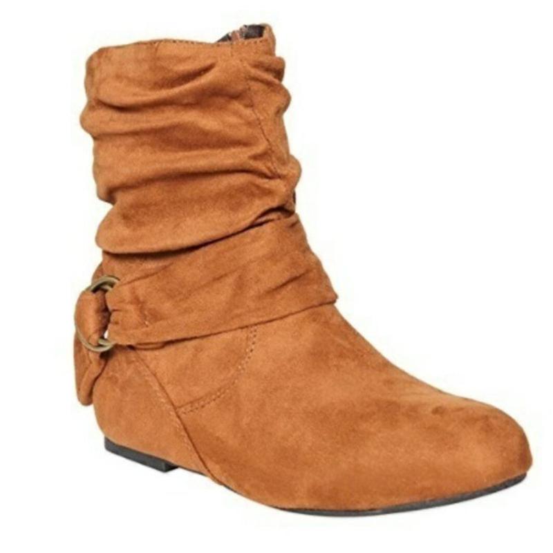 Women Flat Heel High Cut Short Buckle Strap Slouch Boots