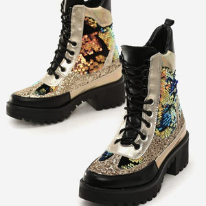 Women sequin chunky heel platform lace up hiking boots