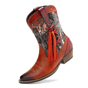 Women embroidered flower fringe short chunky heel cowboy boots