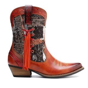 Women embroidered flower fringe short chunky heel cowboy boots