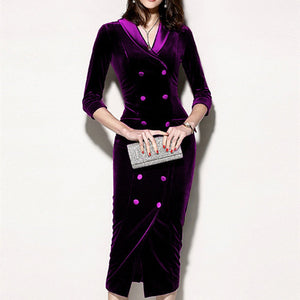 Velvet v neck double breasted midi pencil dress | Slimming formal business work dress