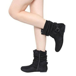 Women Flat Heel High Cut Short Buckle Strap Slouch Boots