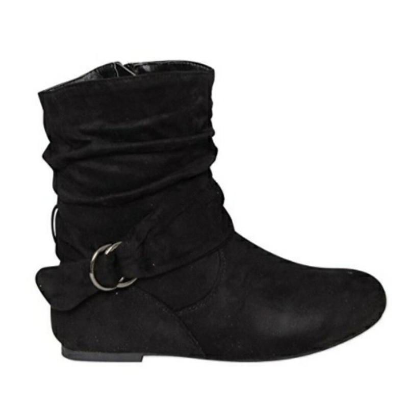 Women Flat Heel High Cut Short Buckle Strap Slouch Boots