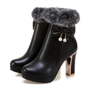 Women bowknot chunky high heel platform faux fur ankle boots