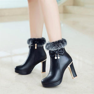 Women bowknot chunky high heel platform faux fur ankle boots