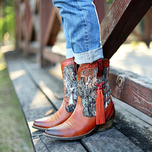 Women embroidered flower fringe short chunky heel cowboy boots