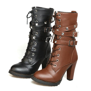 Women studded buckle strap lace up chunky high heel boots