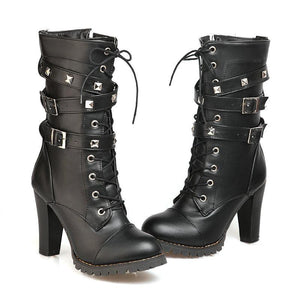 Women studded buckle strap lace up chunky high heel boots