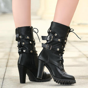 Women studded buckle strap lace up chunky high heel boots