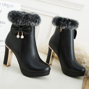 Women bowknot chunky high heel platform faux fur ankle boots