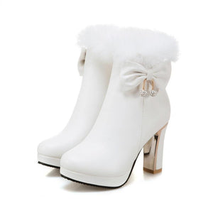 Women bowknot chunky high heel platform faux fur ankle boots