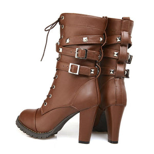 Women studded buckle strap lace up chunky high heel boots