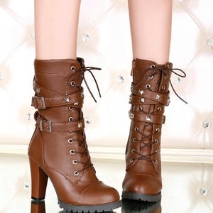 Women studded buckle strap lace up chunky high heel boots