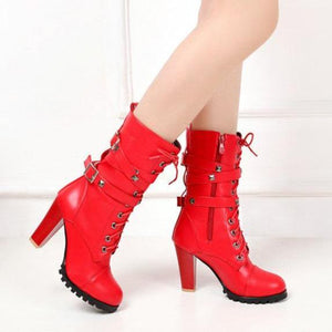 Women studded buckle strap lace up chunky high heel boots