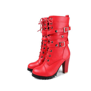 Women studded buckle strap lace up chunky high heel boots