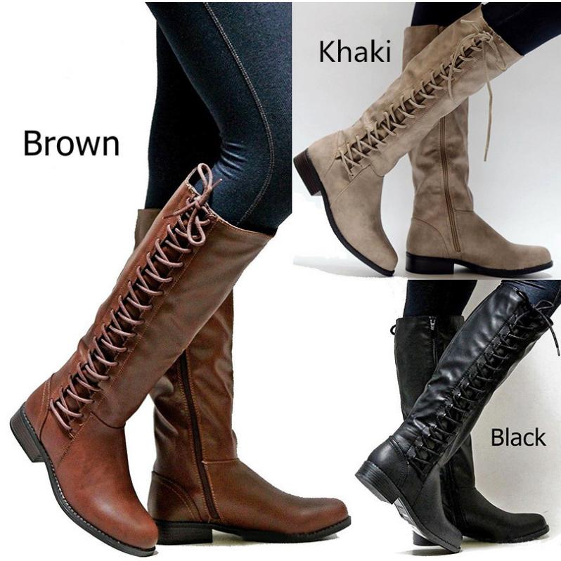 Women block heel side lace up zipper knee high boots