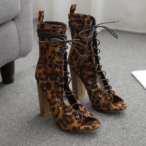 Black boots sandals sexy lace up leopard heels