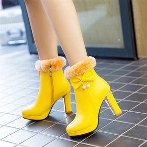 Women bowknot chunky high heel platform faux fur ankle boots