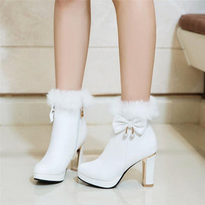 Women bowknot chunky high heel platform faux fur ankle boots