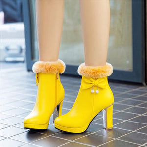 Women bowknot chunky high heel platform faux fur ankle boots