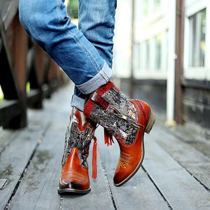 Women embroidered flower fringe short chunky heel cowboy boots