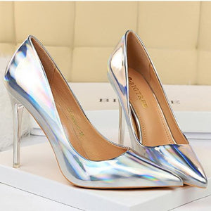 Women metal mirror pointed toe prom heels | high heel sexy shoes | metal mirror super high pumps