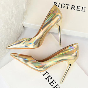 Women metal mirror pointed toe prom heels | high heel sexy shoes | metal mirror super high pumps