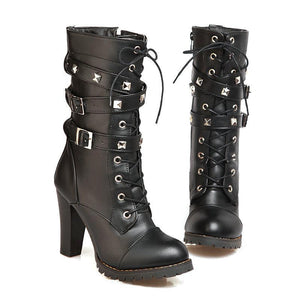 Women studded buckle strap lace up chunky high heel boots