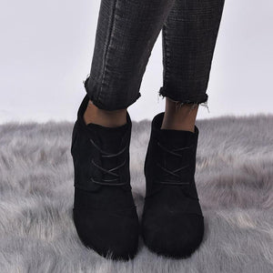 Women ankle short round toe lace up wedge boots