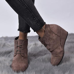 Women ankle short round toe lace up wedge boots