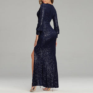 Sexy premium sequins v neck long sleeves high split maxi dress | Luxury evening gown cocktail party dress