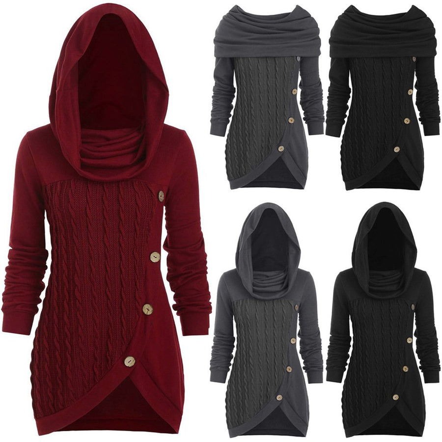 Women turtleneck hoodie cable knit button up sweater