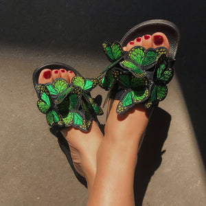 Women butterfly peep toe flat 
summer casual beach slide sandals