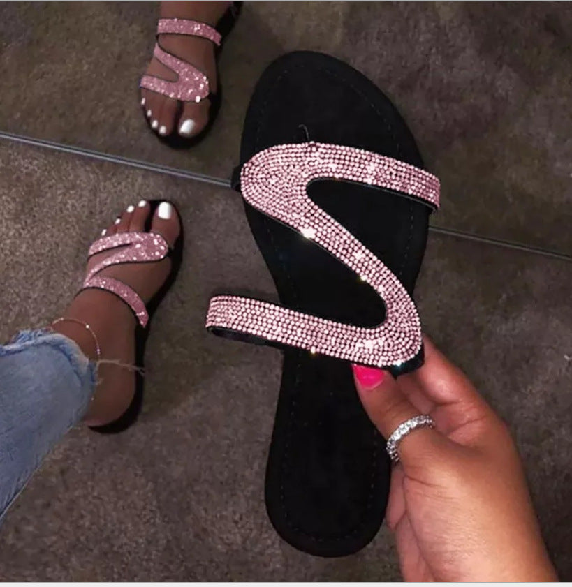 Sparkling Beads Glitter Flat Slide Sandals Women Shiny Slipper