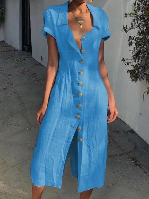 Women Summer Buttons Solid Casual Maxi Dresses
