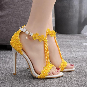 Peep toe one band ankle strap stiletto wedding heels with pearls strap