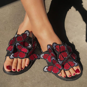 Women butterfly peep toe flat 
summer casual beach slide sandals