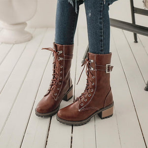 Women lace up chunky heel mid calf buckle strap combat boots
