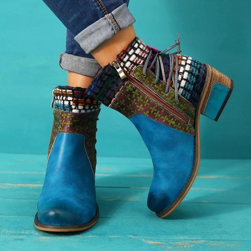 Women's vintage ethnic chunky block heel ankle boots knit cuff cotton lining boots