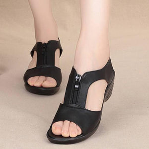 Women peep toe front zipper slip on wedge sandals