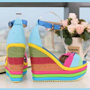 Women's peep toe rainbow patform wedge sandals