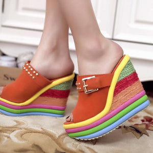 Women's peep toe rainbow patform wedge clogs sandals